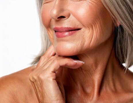 Mujer mayor con piel radiante toc&aacute;ndose el rostro