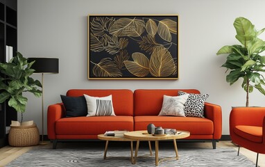 Stylish interior of a living room with clean sofa and nature art print