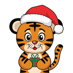 Coquette Christmas tiger cub illustration, watercolor. A striped tiger cub with a holiday bow amidst glowing snowflakes