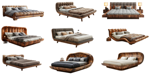 Luxury modern wooden bed set on a white or transparent background