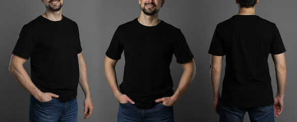 Man in black t-shirt, closeup. Collage of photos on grey background. Mockup for design