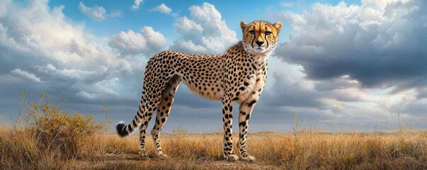 Obraz premium A striking cheetah stands poised in a beautiful landscape, showcasing its impressive spots against the backdrop of a serene sky, highlighting the essence of wildlife in natural settings.