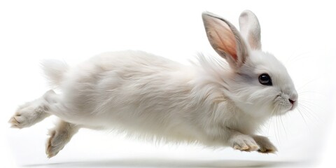Obraz premium A spring bunny, a pet rabbit, leaps in this high-resolution, isolated image; a cute, white hare portrait.