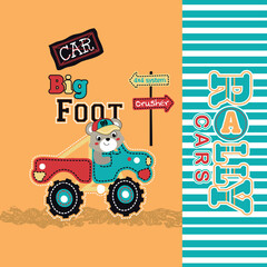 Naklejka premium Adorable bear vector illustration driving a large truck on a fun adventure.