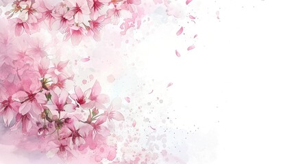 Pink cherry blossoms gracefully falling from the sky against pure white background in anime and watercolor style. Delicate details with soft light and clear focus shown vividly.