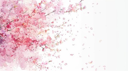 Naklejka premium Pink cherry blossoms floating down from the sky above a pure white background in anime-inspired watercolor style. High resolution and clear details presented charmingly.