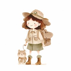Watercolor. Young girl in safari outfit holding a small pet, ready for adventure in a whimsical style.