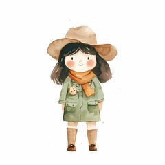 Watercolor. A cheerful girl in a hat and scarf, dressed in a green coat, holding a small animal companion.