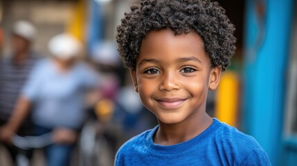 A smiling boy with curly hair in a vibrant setting.