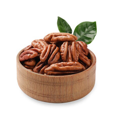 Tasty pecan nuts and green leaves in bowl isolated on white