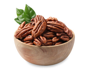 Tasty pecan nuts and green leaves in bowl isolated on white