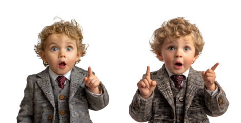 A surprised child wearing a gray suit and red tie sto