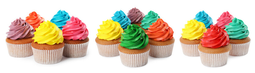 Yummy cupcakes with colorful cream isolated on white, set