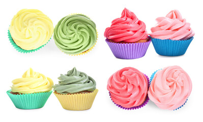 Yummy cupcakes with cream isolated on white, collage