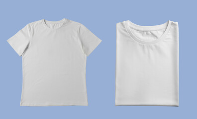 Blank white t-shirts on light blue background, collage. Mockup for design