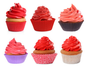 Yummy cupcakes with cream isolated on white, collage