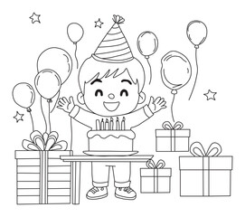 Cute Boy with Gifts and Cake at the Happy Birthday Party Outline Page for Kids. A cheerful boy holding a wrapped gift with a big bow. Balloons floating around, adding to the festive vibe.