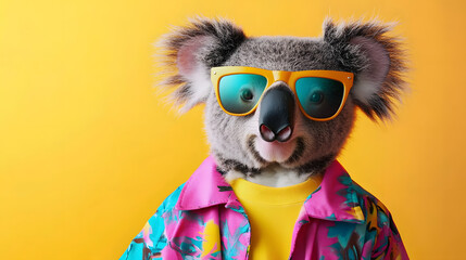 Fototapeta premium Creative animal concept. Koala, vibrant bright fashionable outfits isolated on solid background advertisement with copy space. birthday party invite invitation banner