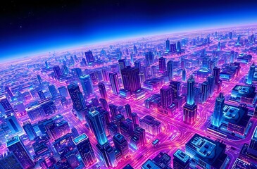 Futuristic Cityscape at Night: Vibrant Neon Lights and Stars
