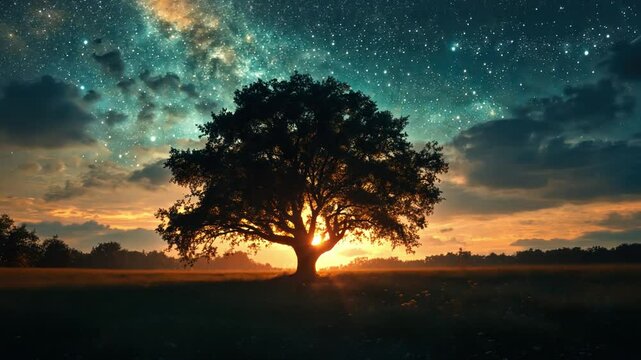A tree is in the middle of a field with a beautiful sunset in the background