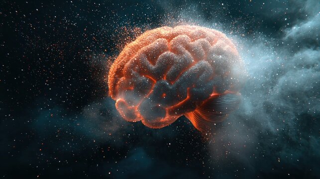 Exploding brain in space with smoke and particles
