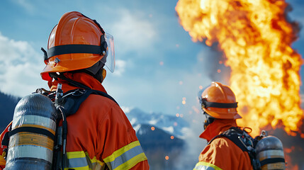 Fototapeta premium fire alarm control prevention. Two firefighters in protective gear observe a massive blaze against a dramatic sky, highlighting their bravery and the intensity of the situation.