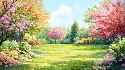 Naklejka premium A vibrant landscape featuring blossoming trees and colorful flowers under a bright sky, creating a serene and picturesque natural scene.