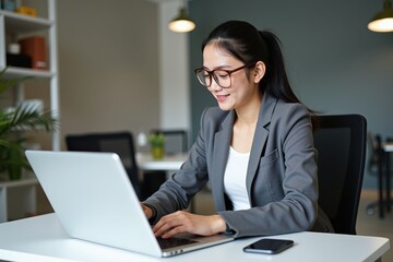 Focused Businesswoman Working on Laptop in Modern Office Setting, Ideal for Business Marketing and Professional Development Materials