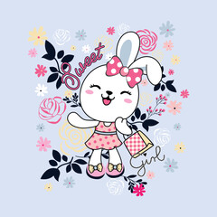 Cute rabbit vector character surrounded by beautiful flowers and colorful butterflies in a charming background
