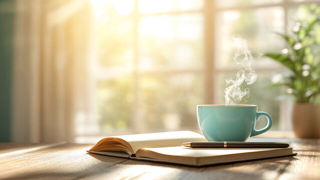 Steaming blue ceramic coffee cup with open book and pen on wooden table, sunlit cozy morning in a home workspace with green plant, tranquil writing and relaxation concept in natural daylight

