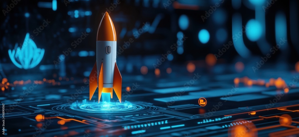Poster futuristic rocket launch on digital interface with glowing circuits and data visualization elements,
