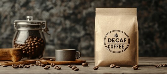 Relaxing Coffee Setup Rustic Still Life with Decaf Bag, Roasted Beans, and a Cup of Coffee