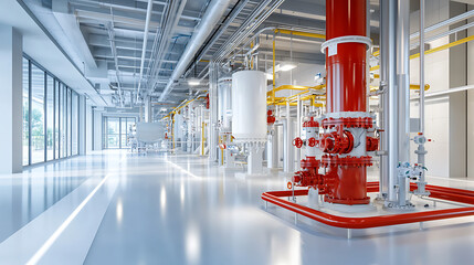 fire alarm control prevention. A modern industrial facility showcasing red piping and machinery, with streamlined design and ample natural light.