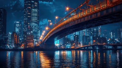 Naklejka premium A vibrant urban scene featuring a bridge illuminated at night, reflecting in the water with towering skyscrapers in the background.