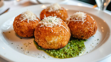 Wild Mushroom Arancini on Basil Pesto