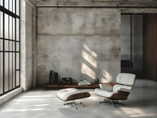 Modern Lounge Chair and Ottoman in Industrial Loft Setting