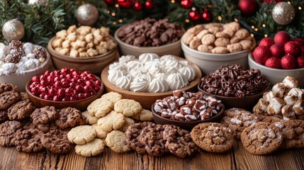 Assorted Christmas cookies, candies, and treats arranged on a wooden table with festive decorations.