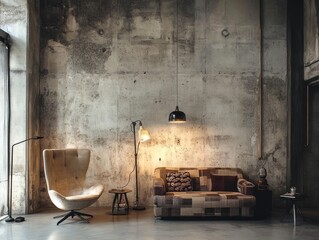 Modern Industrial Living Room Design With Concrete Wall