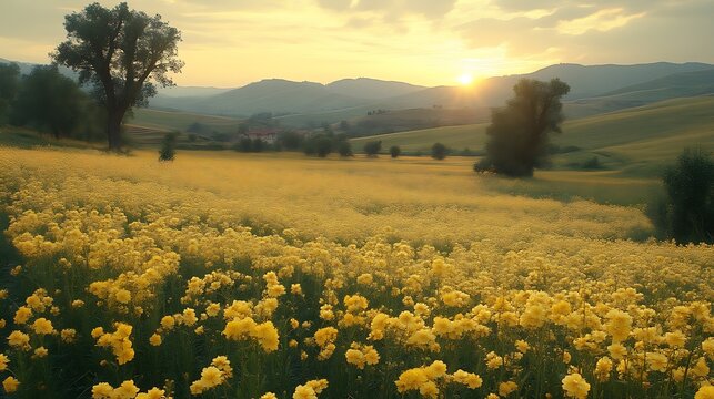 Sunset illuminates yellow wildflowers in a rolling hills landscape