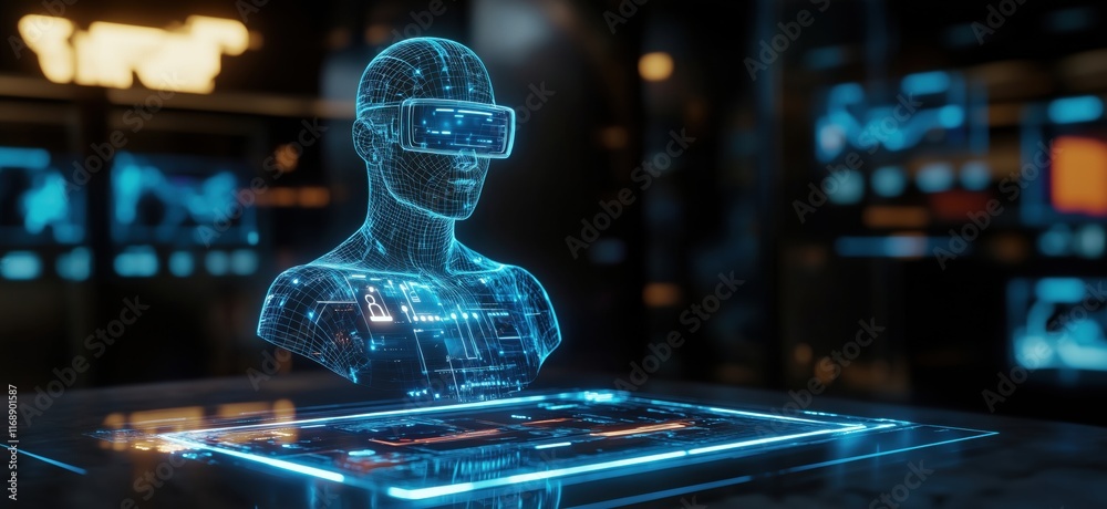 Poster futuristic holographic display of a virtual reality head with digital interface and data visualizati