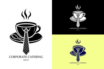 coffee cup and plate, steams, tie, office, corporate catering, business catering, caterer, event management, event planner, restaurant logo, coffee shop, vectors, abstract logo