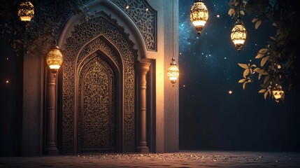 Islamic ramadan greetings background design with ornamental door galaxy sky