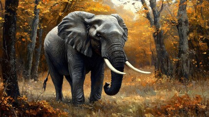 Fototapeta premium A majestic elephant stands amidst vibrant autumn foliage, showcasing nature's beauty and the grandeur of wildlife in a serene forest setting.