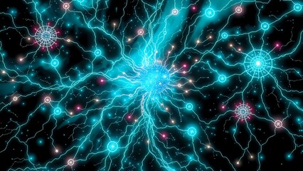 Fototapeta premium Bioluminescent Neural Network: Cybernetic Art Nouveau in Motion
