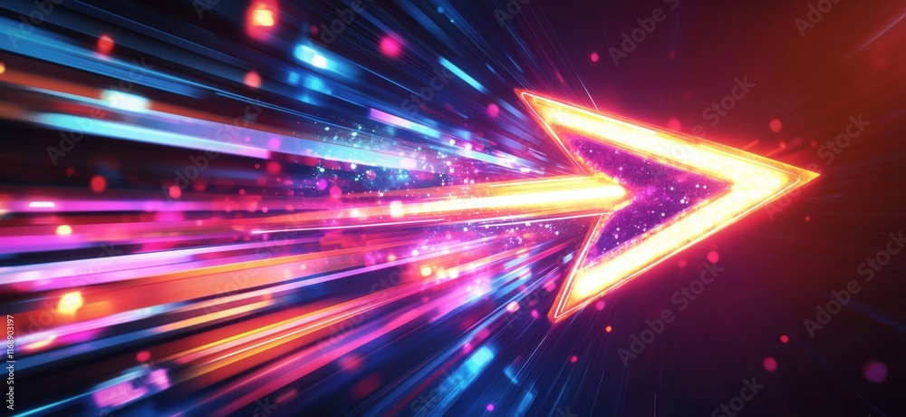Poster dynamic arrow symbolizing speed and direction with vibrant light trails and colorful particles, copy