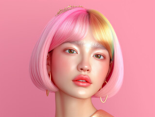 Naklejka premium An elegant Japanese model with pink and rainbow-tinted bob hair wearing gold earrings against a soft pink background. Vibrant and creative fashion concept with modern aesthetics.