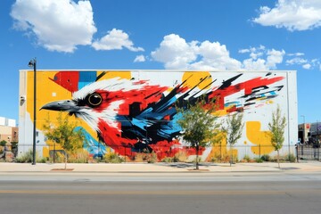 Colorful bird mural painting urban art on building exterior wall