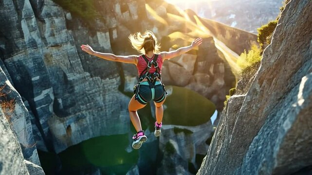 A woman is jumping off a cliff with a parachute