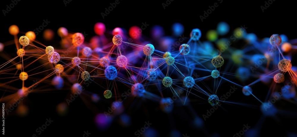 Poster colorful abstract network of interconnected nodes and lines representing data, technology, and commu