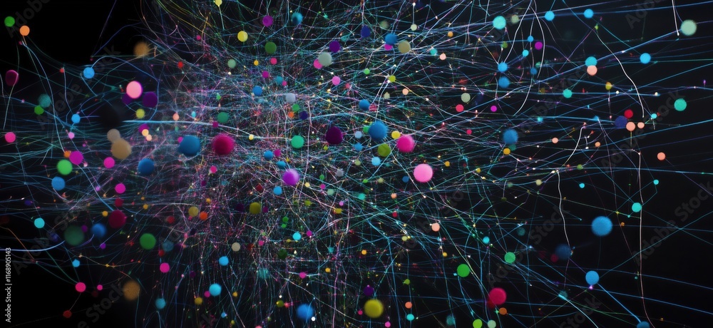 Poster colorful abstract network visualization with vibrant dots and lines representing connections and dat